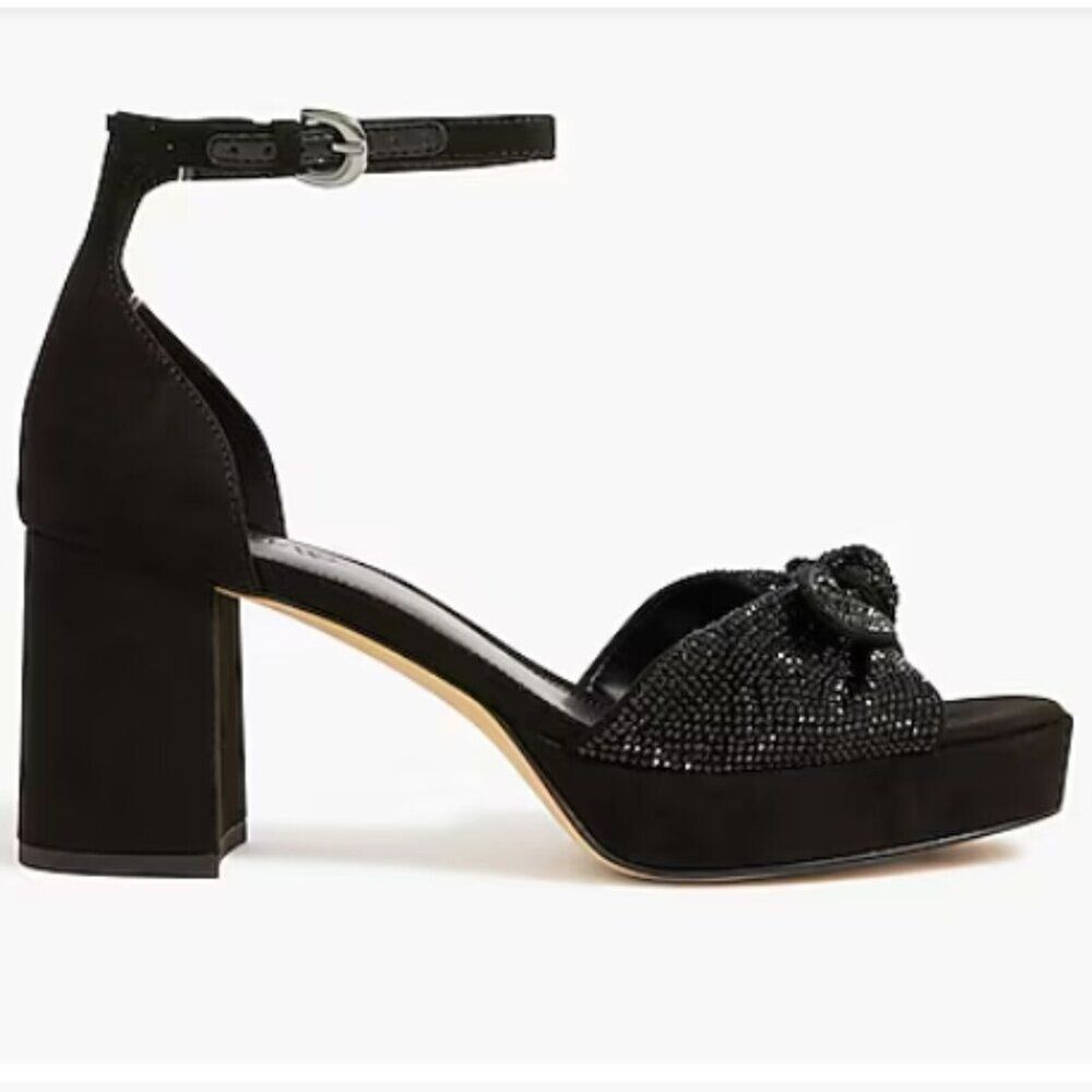 J Crew Women's Rhinestone Bow Sandals Platform Heels Cocktail Evening Black
